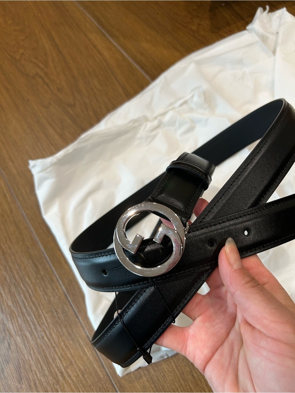 Gucci Black Leather Belt with Silver Interlocking GG Buckle size 115/46